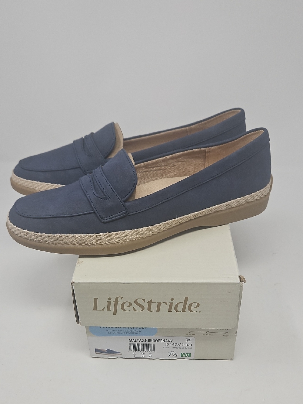 LifeStride Malta 2 Navy Slip-On Penny Loafer with Tan Espadrille Trim